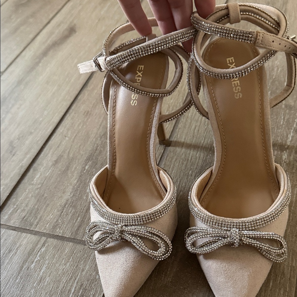 Express Nude Heels with Rhinestone Bow - Picture 2 of 10